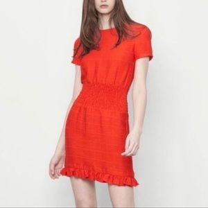 Maje red smocked short sleeve ruffle mini dress 1
